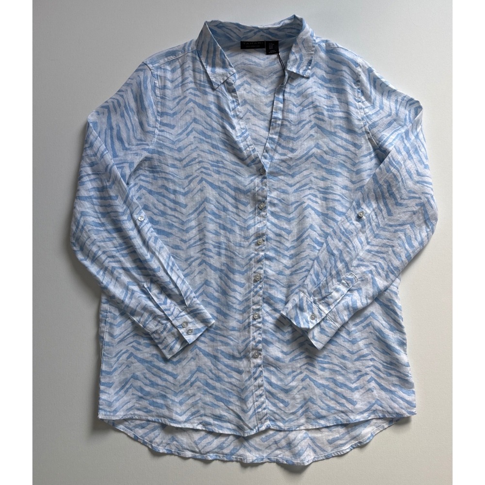 Tahari Luxe Lin 100% Linen Zebra Print Roll-Tab Button Down Shirt Blue White M